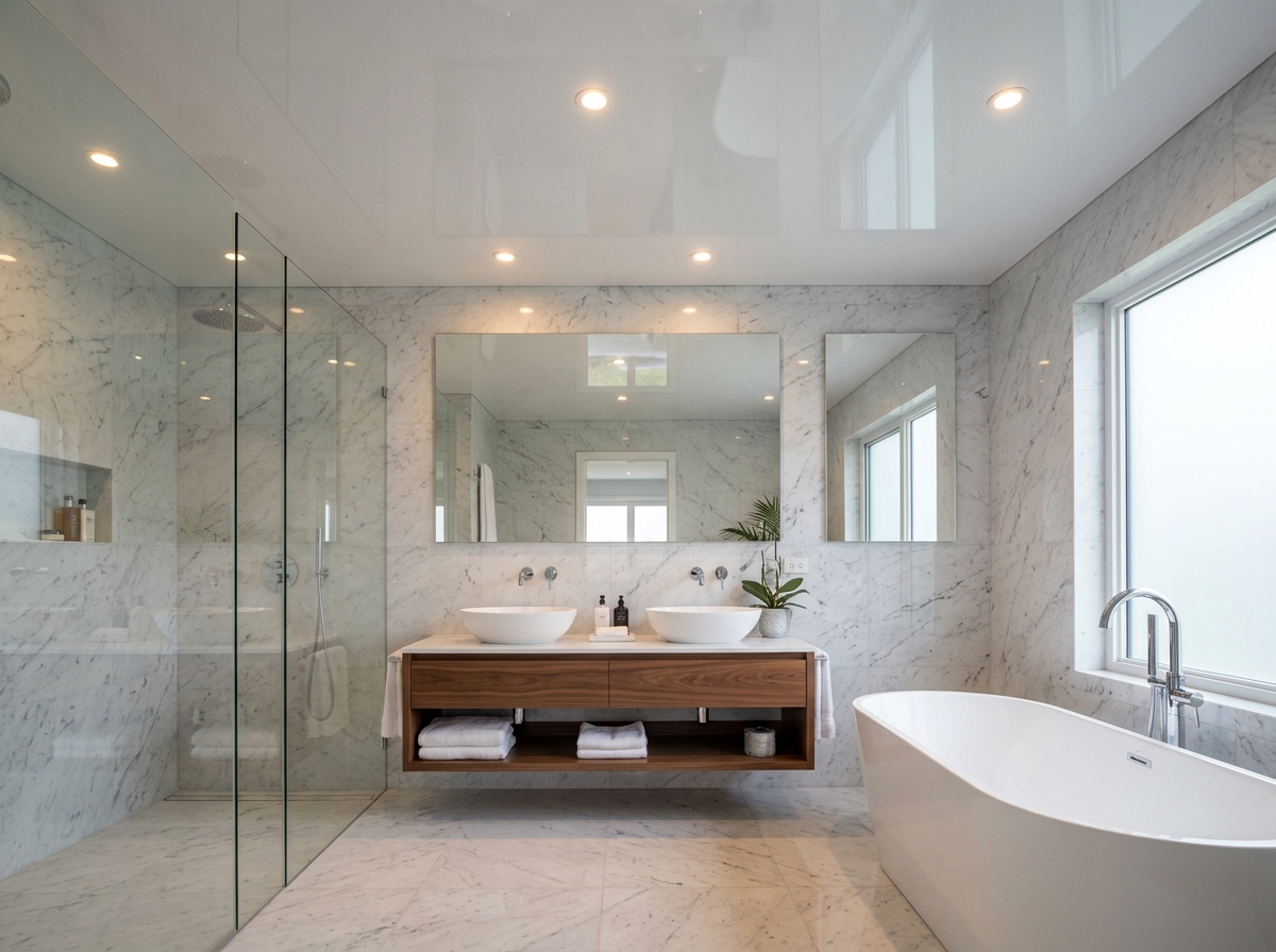 Plafon Glossy putih anti lembab di kamar mandi bergaya marmer