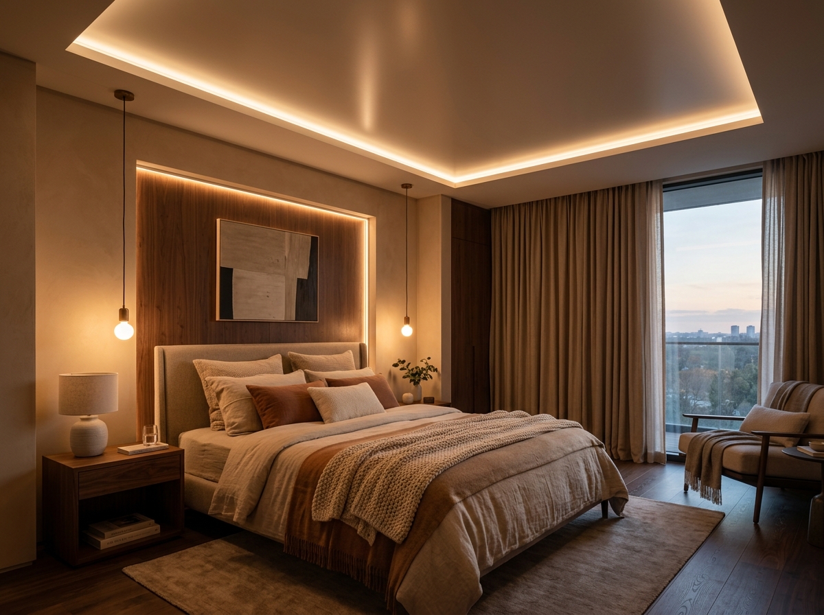 Plafon kain akustik elegan di kamar tidur utama
