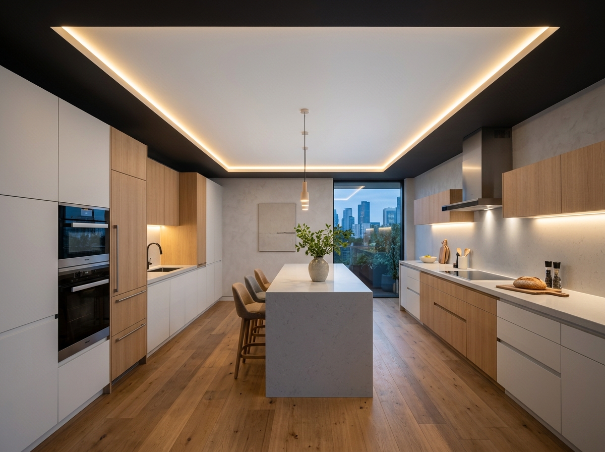 Plafon Melayang dengan lampu kontur LED di dapur mewah